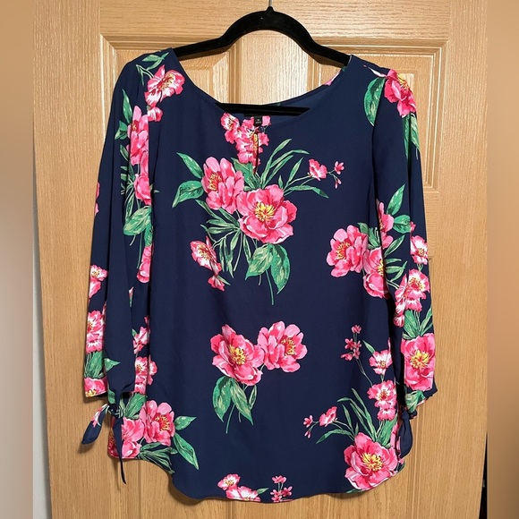 Talbots Navy and Pink Floral Blouse - Picture 1 of 9